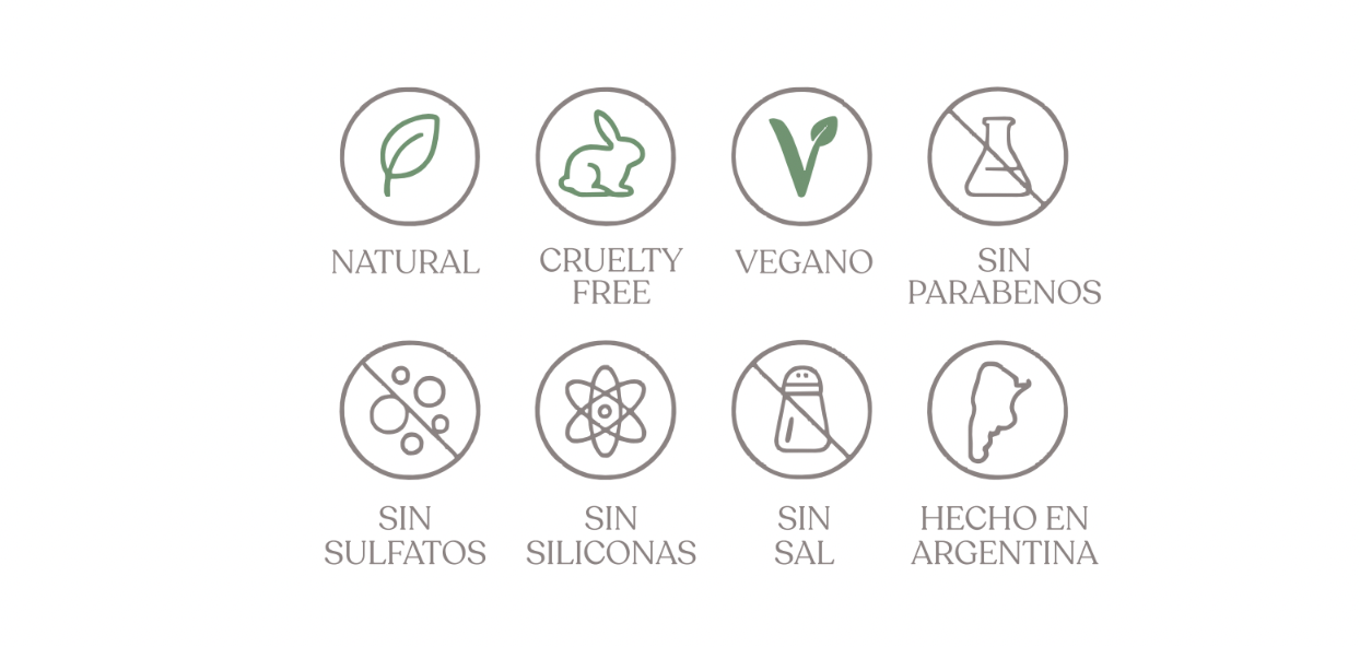 Natural, cruelty free, vegano, sin parabenos, sin sulfatos, sin siliconas, sin sal, hecho en Argentina